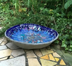 Mosaic sculpture and bird bath 