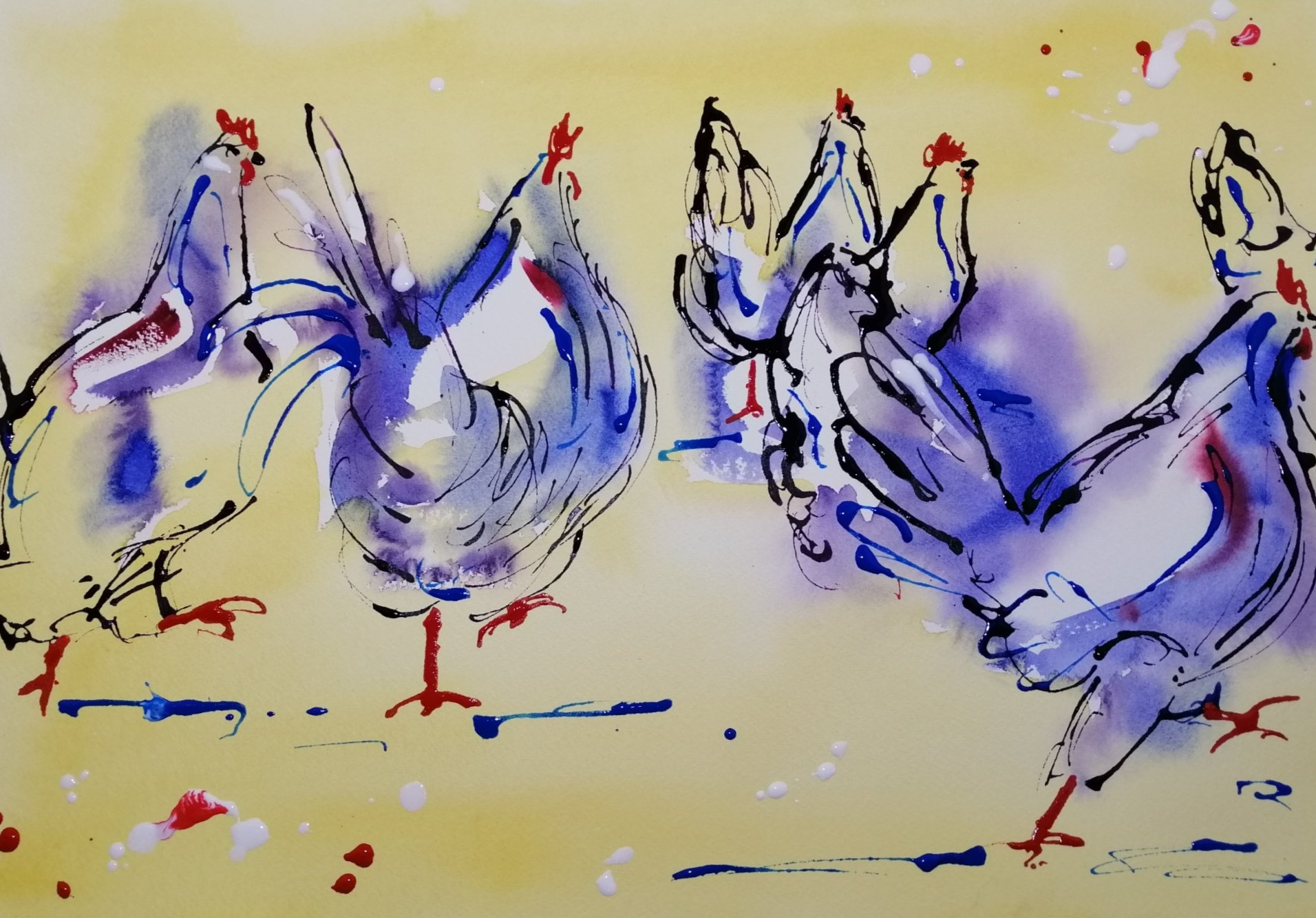 Vibrant running hens mixed media and inks 17mins