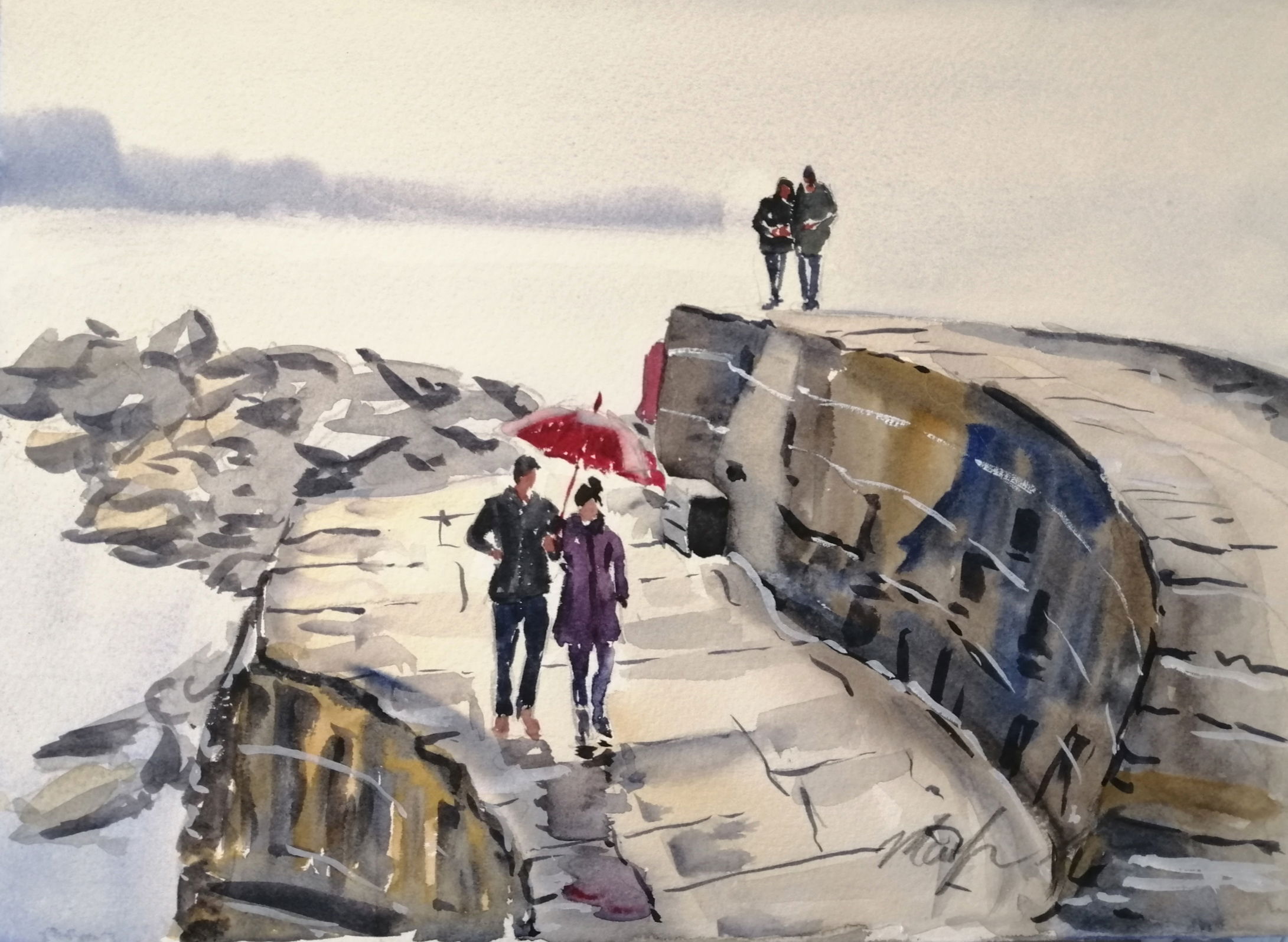 A winters day on the Cobb, Lyme Regis in watercolour 