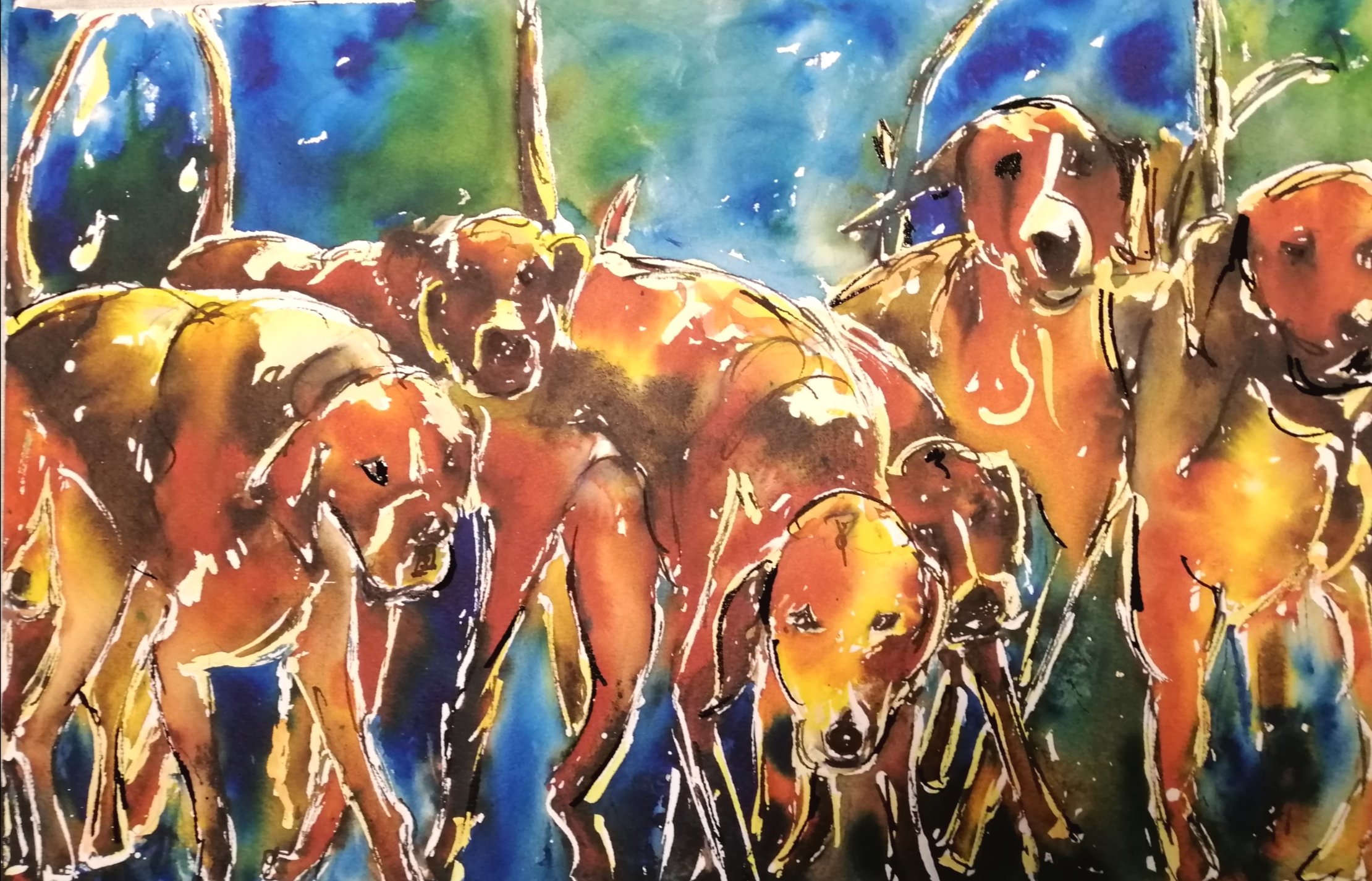 Hounds in Vibrant mixed media and inks 1 hour