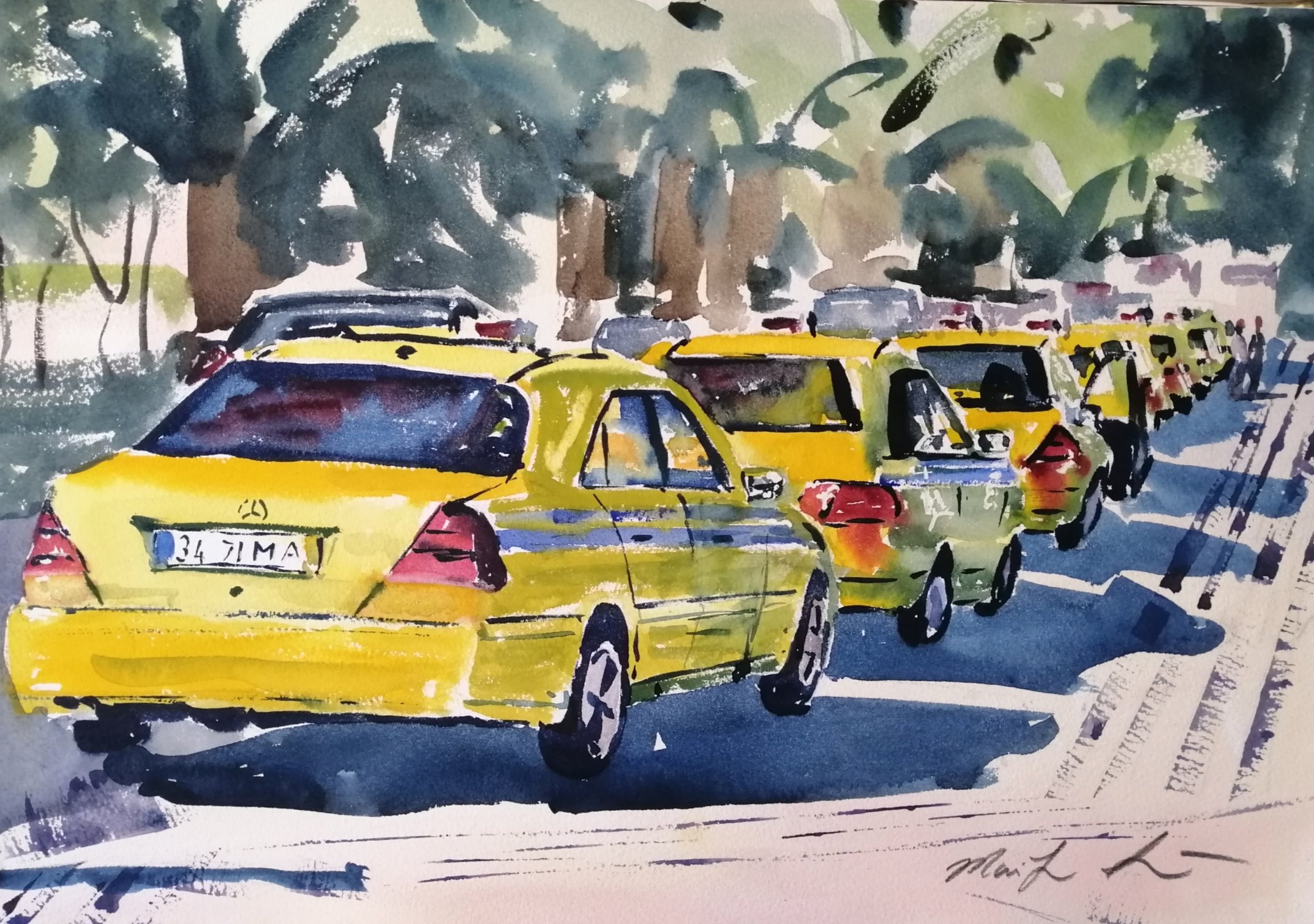 Taxis in Madeira watercolour